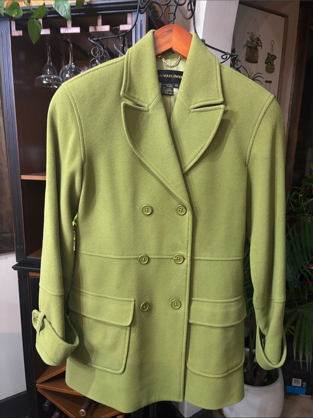 Classiques Entier Lime Green Wool Pea Coat Double Breasted XS EUC
